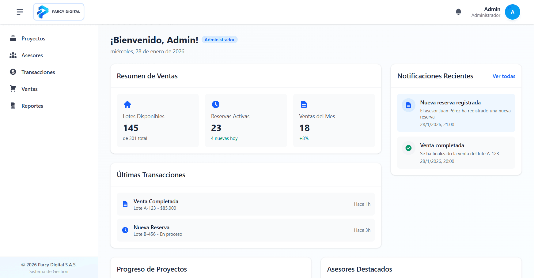 Dashboard principal de Parcy - Vista completa de gestión de disponibilidad